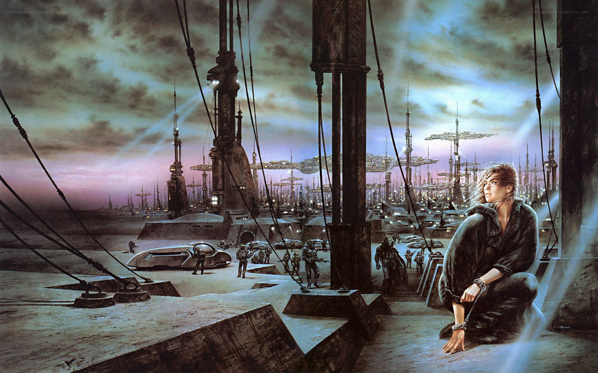 futuristic cityscape with prisoner