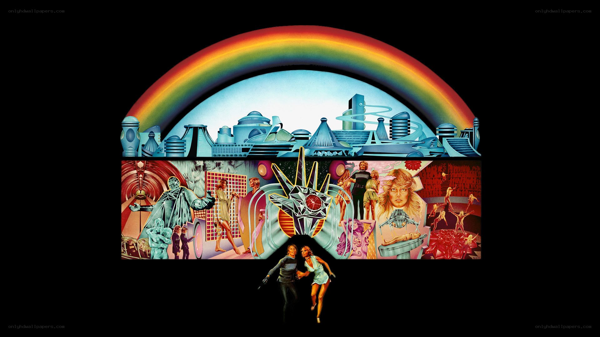 Futuristic cityscape with rainbow