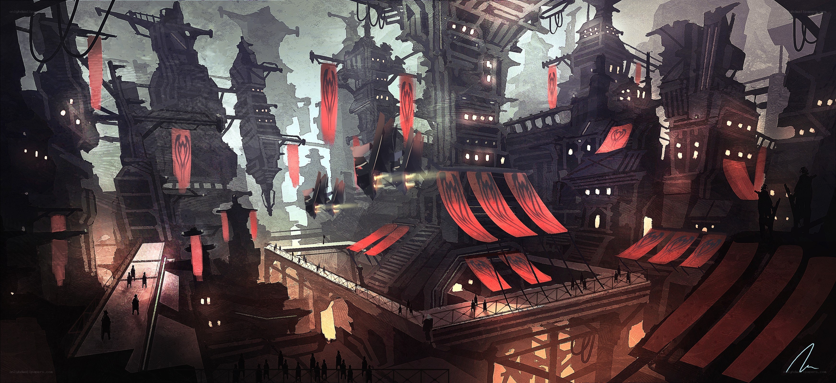 futuristic cityscape with red banners
