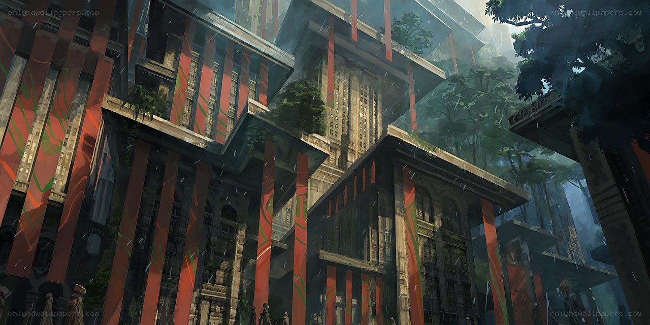 futuristic cityscape with red banners