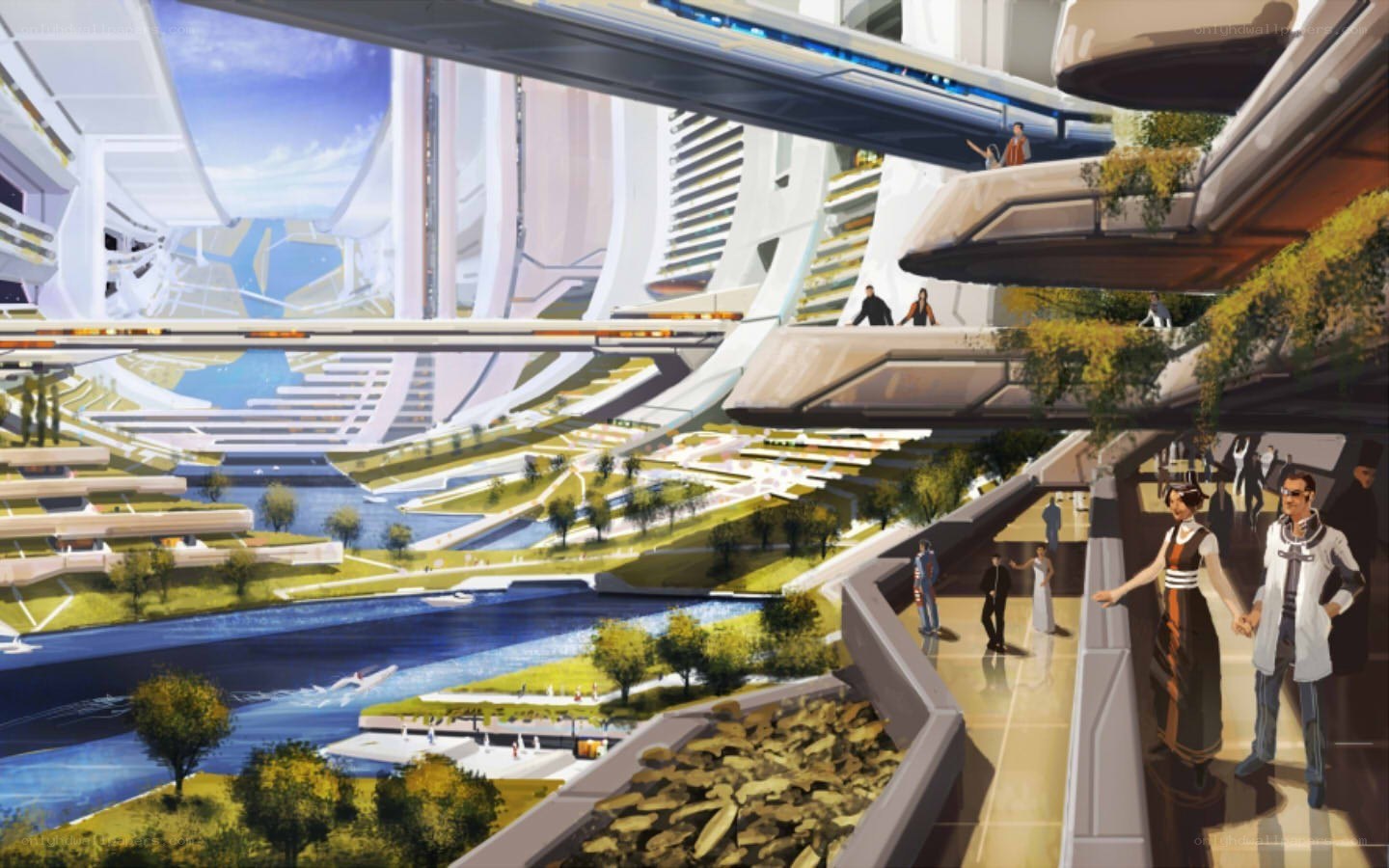 futuristic cityscape with river