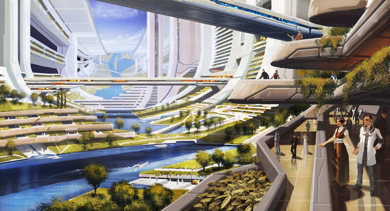 futuristic cityscape with river