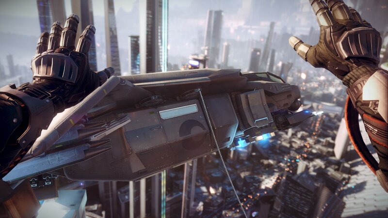 futuristic cityscape with robotic hands