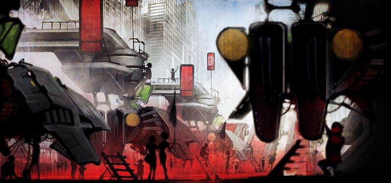 futuristic cityscape with robots