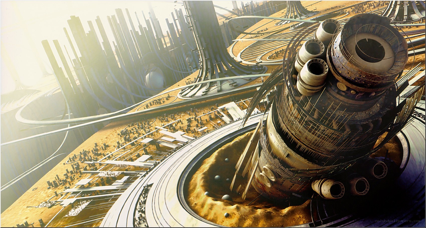 futuristic cityscape with rocket