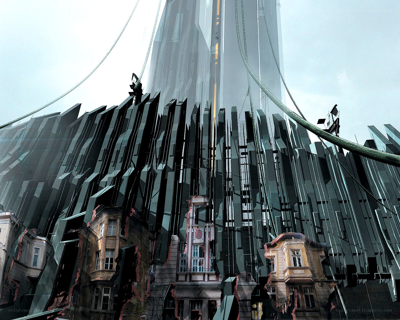 Futuristic cityscape with shattered buildings
