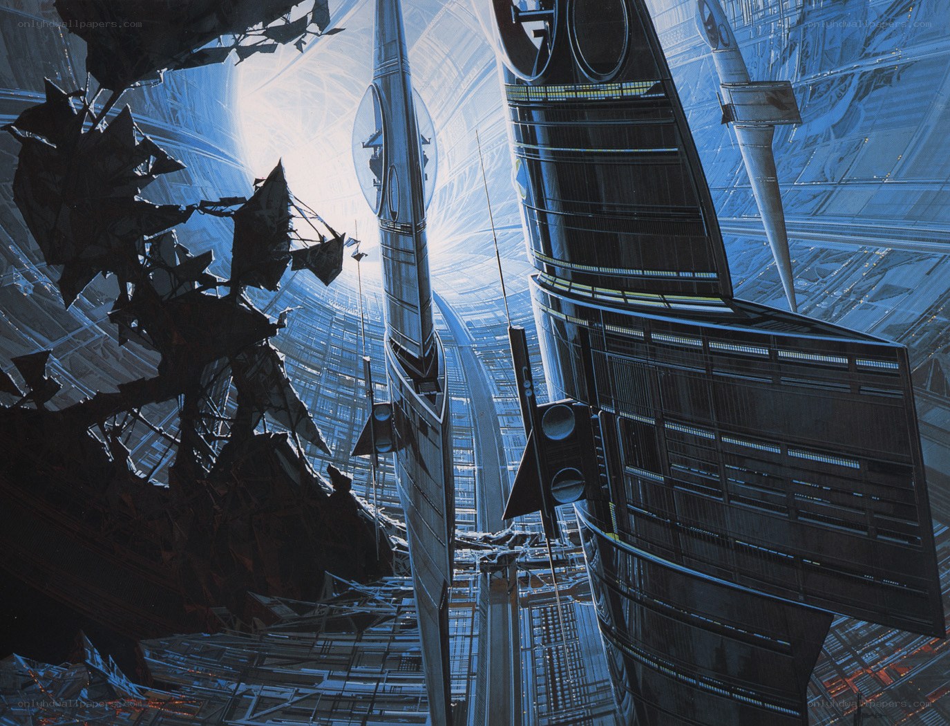 futuristic cityscape with ships