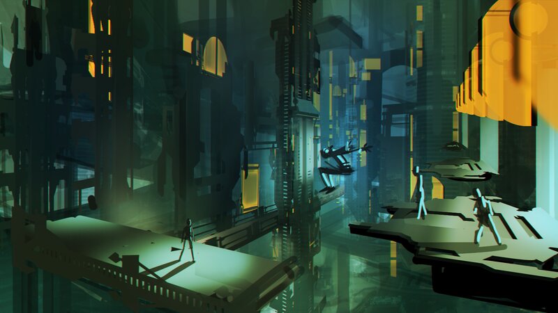 futuristic cityscape with silhouettes