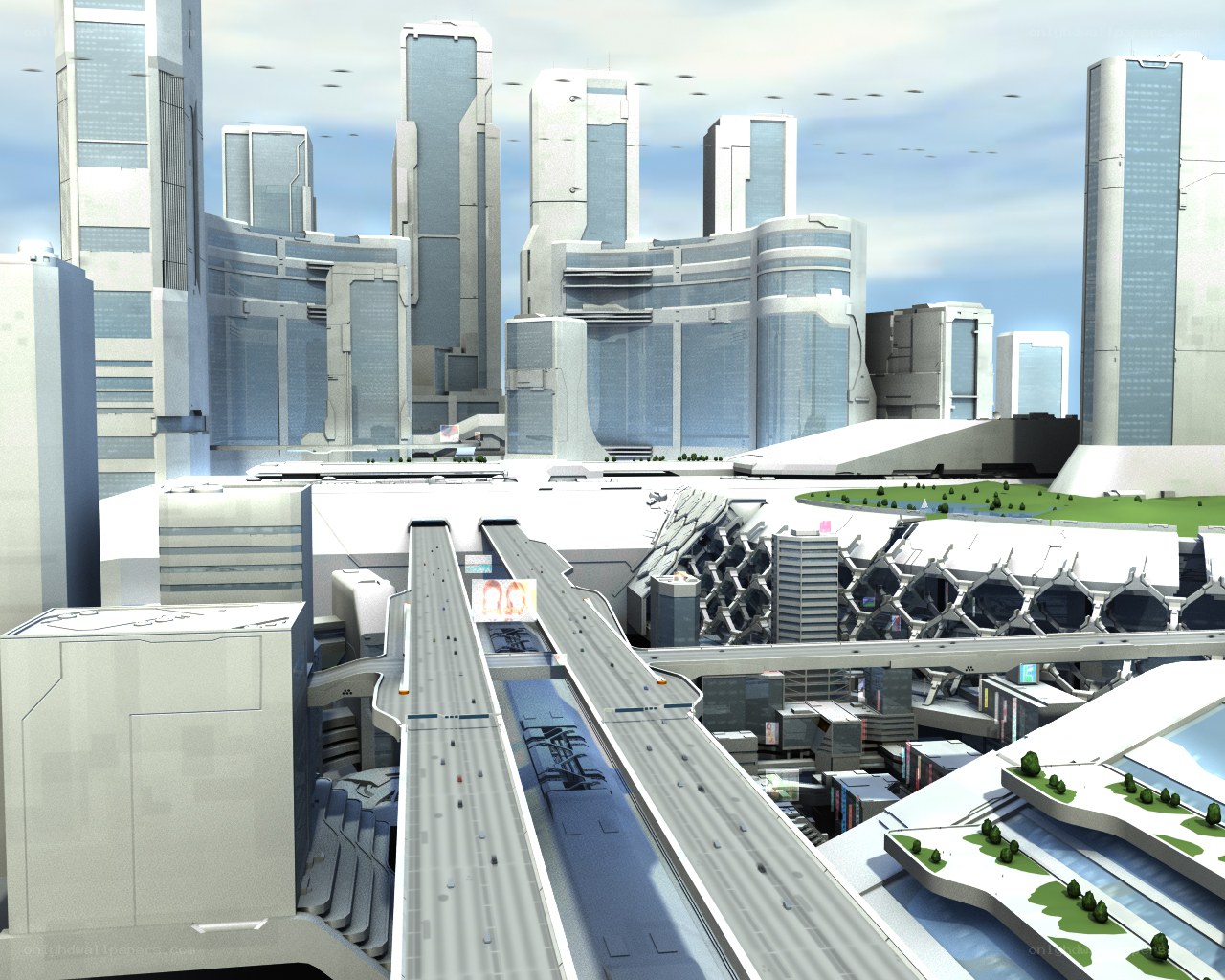 futuristic cityscape with sky bridges