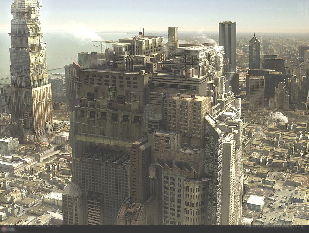 futuristic cityscape with skyscrapers