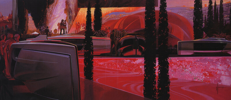 Futuristic cityscape with sleek vehicles