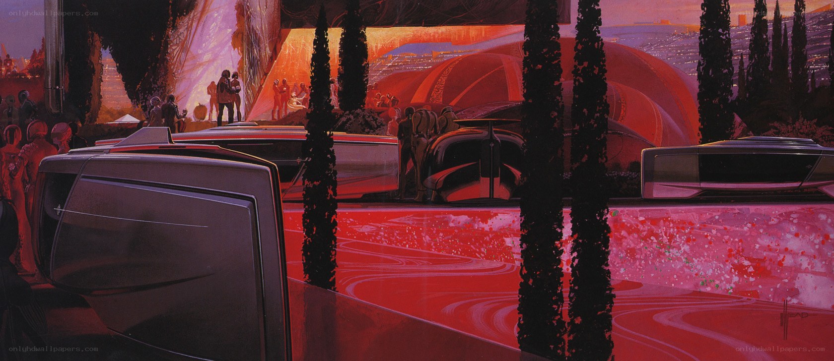 Futuristic cityscape with sleek vehicles