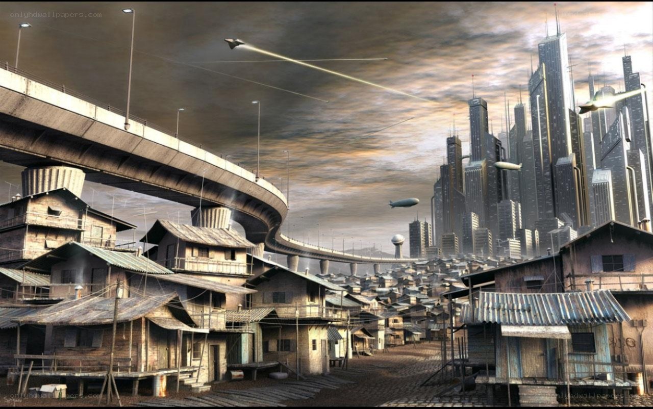 futuristic cityscape with slums