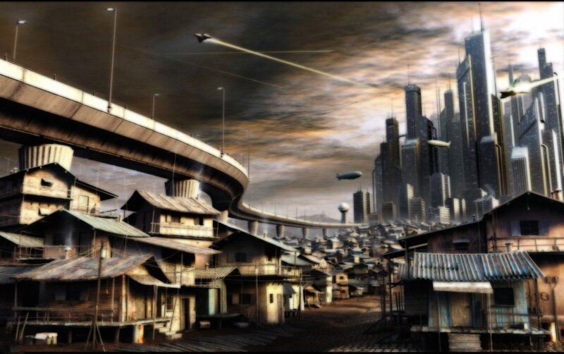 Futuristic cityscape with slums