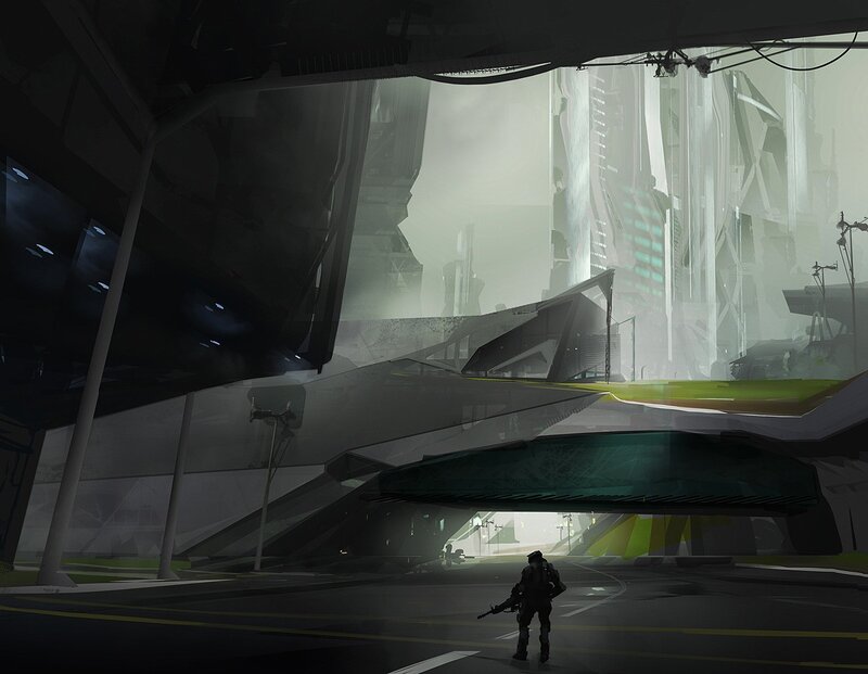 futuristic cityscape with soldier