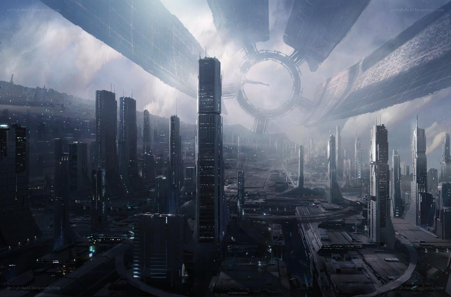 futuristic cityscape with space station