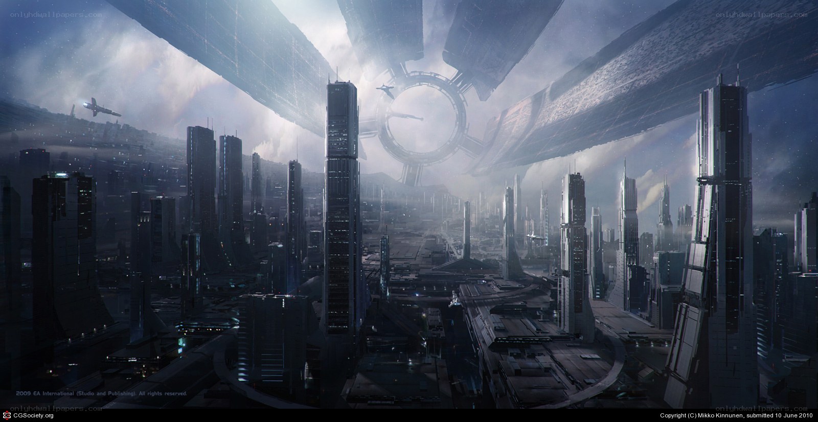 futuristic cityscape with space station