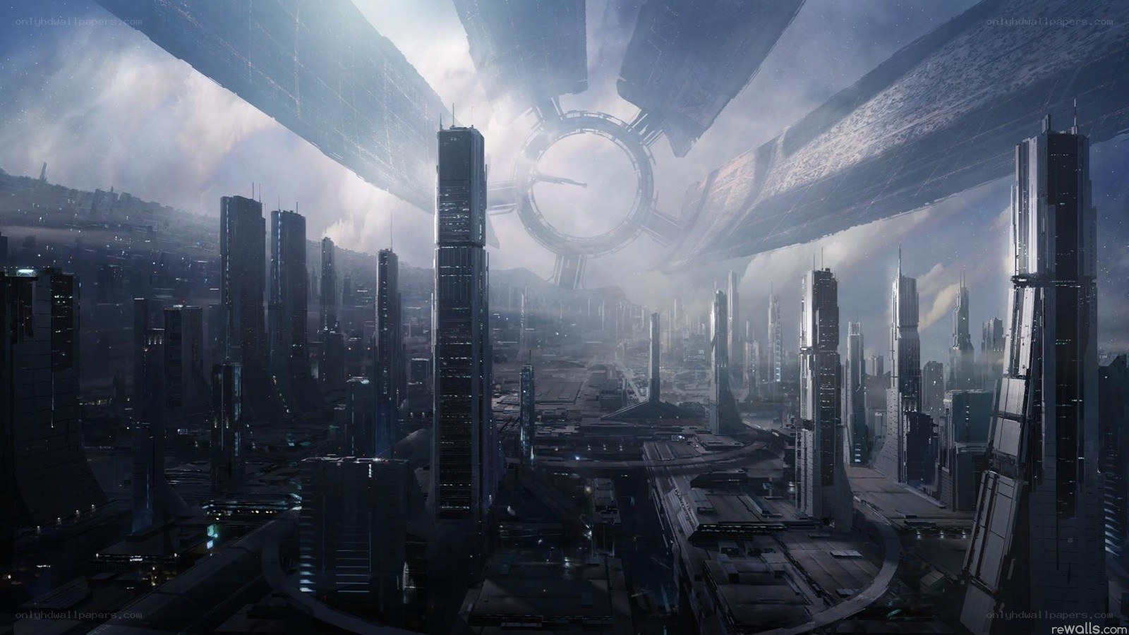 futuristic cityscape with space station
