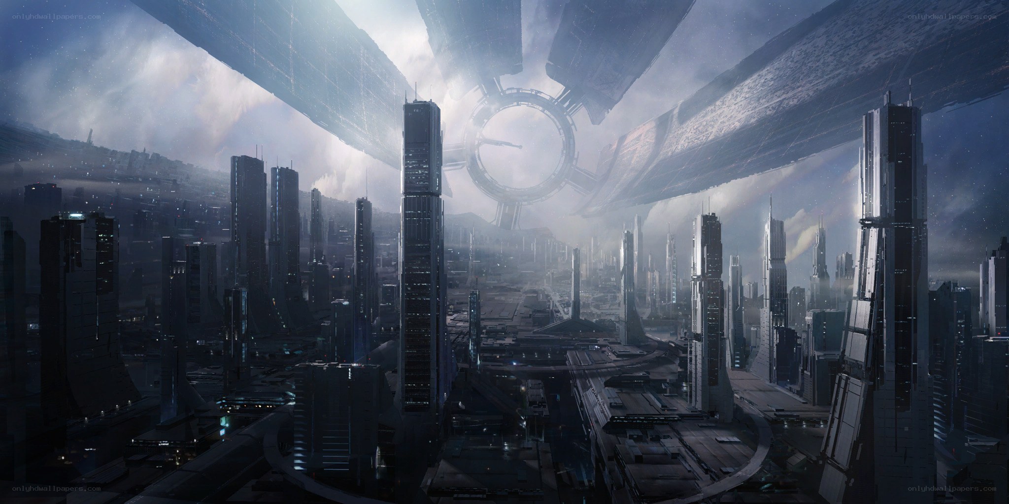 futuristic cityscape with space station