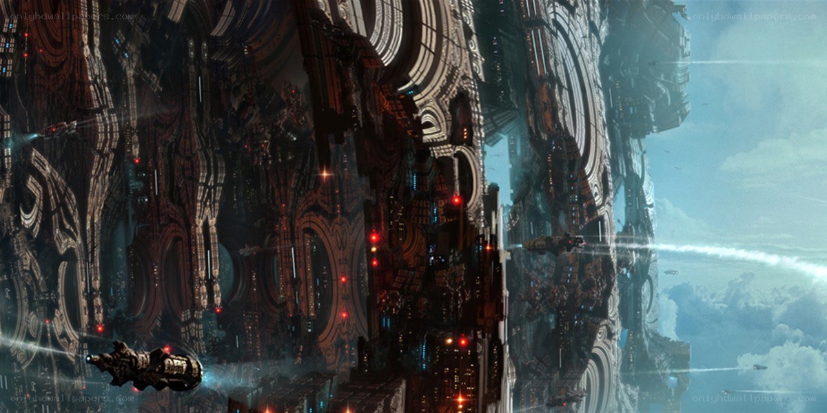 futuristic cityscape with spacecraft