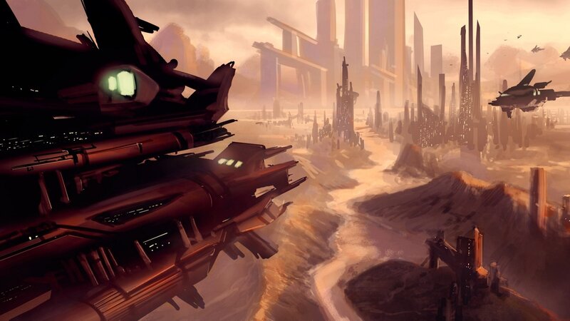 futuristic cityscape with spacecraft