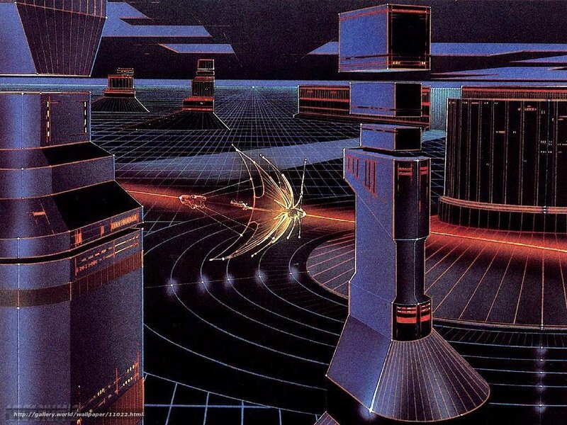 futuristic cityscape with spacecraft