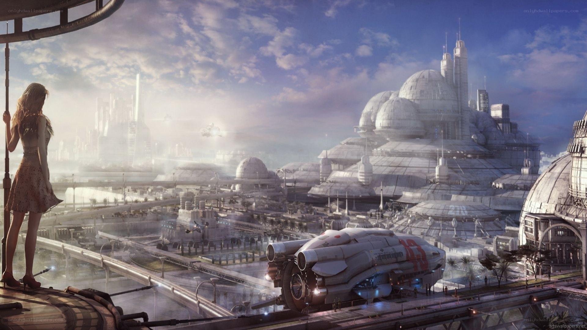 futuristic cityscape with spaceship