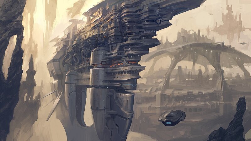 futuristic cityscape with spaceship