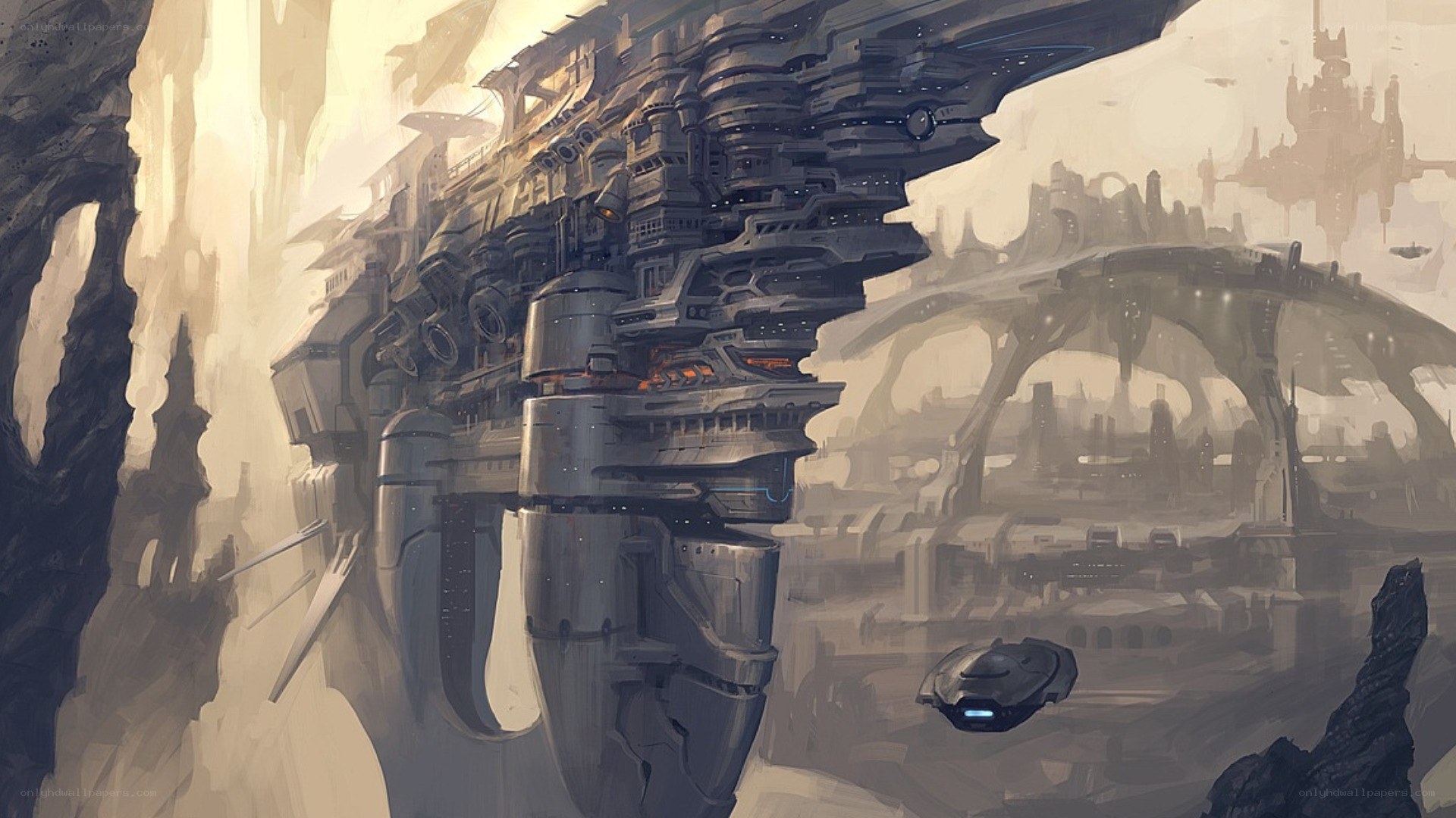 futuristic cityscape with spaceship