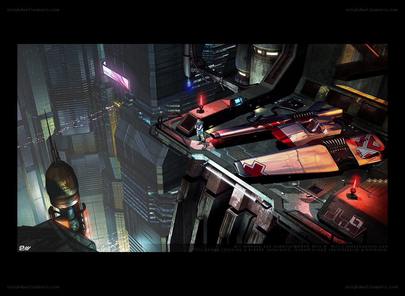 futuristic cityscape with spaceship