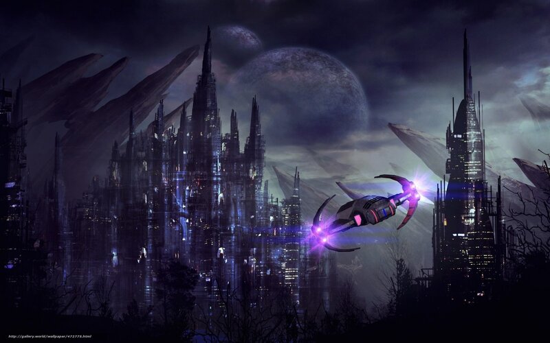 futuristic cityscape with spaceship