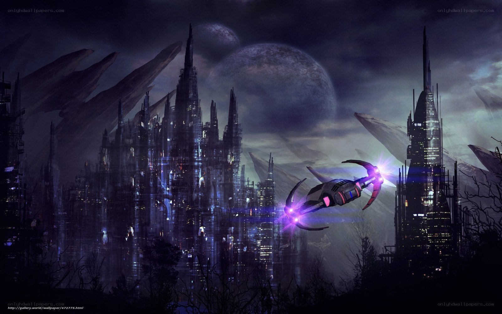 futuristic cityscape with spaceship