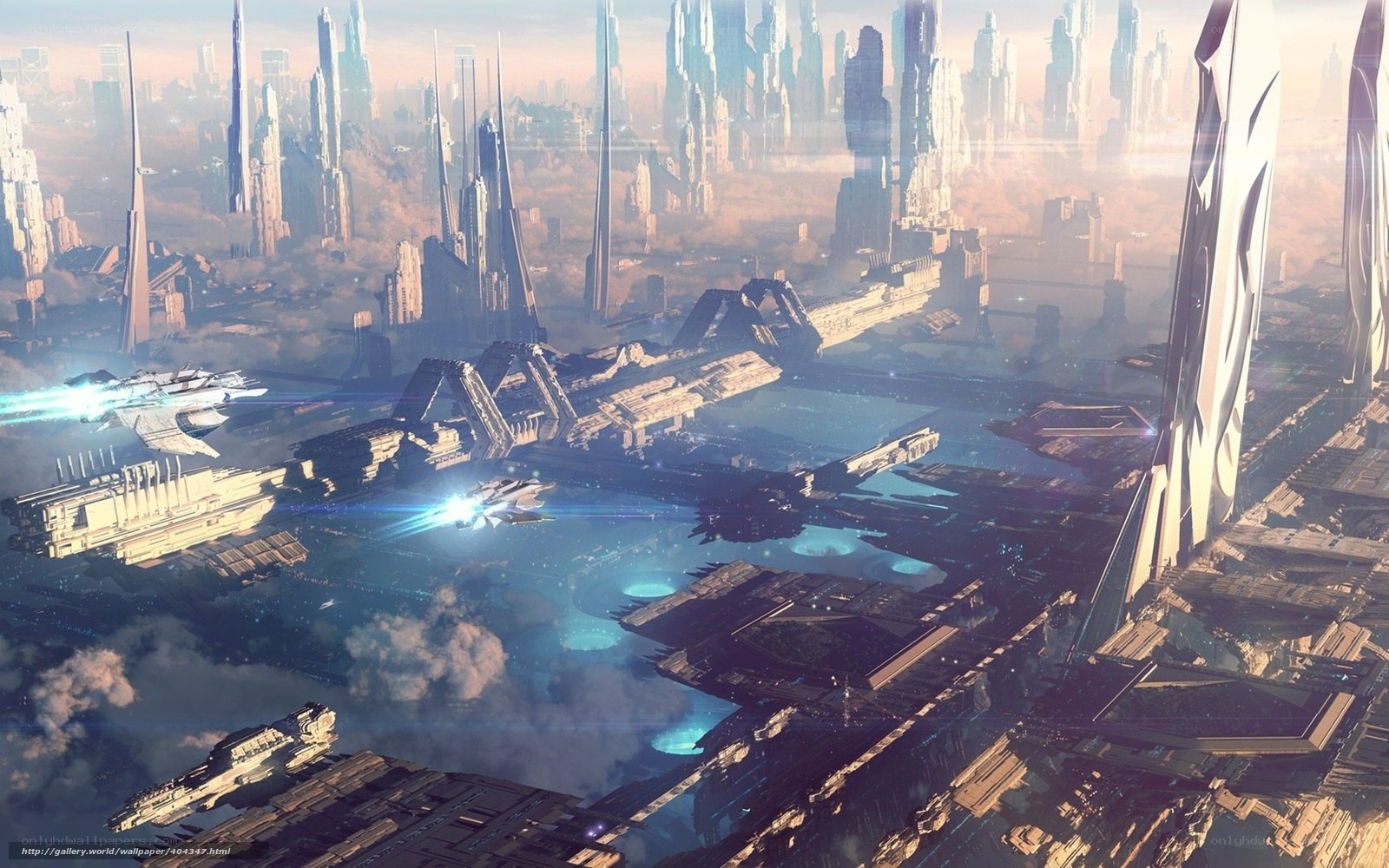 futuristic cityscape with spaceships
