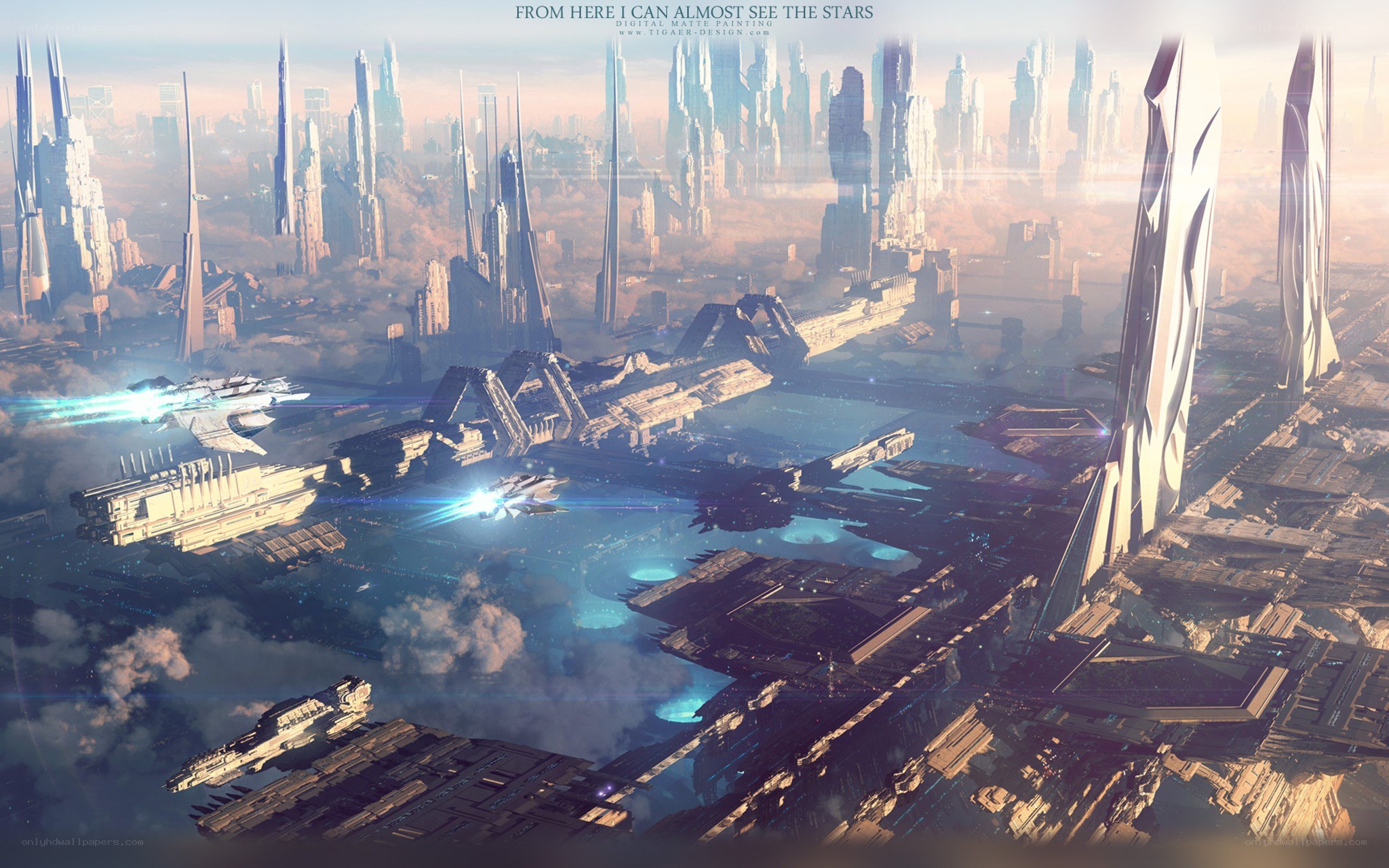 futuristic cityscape with spaceships