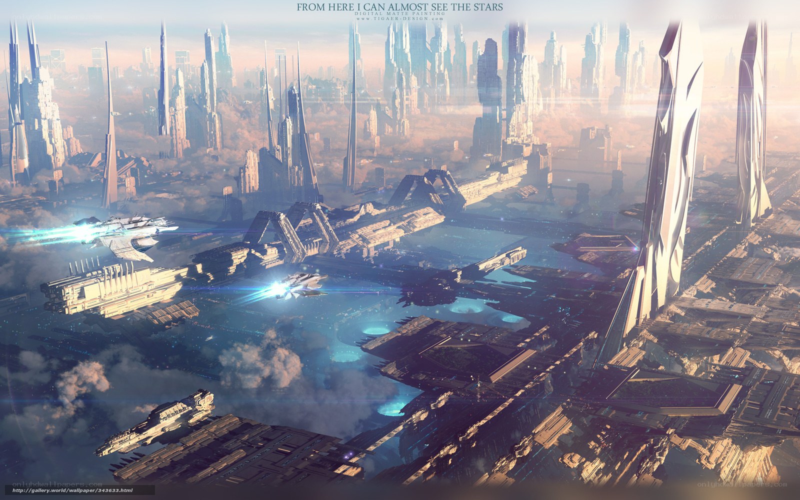 futuristic cityscape with spaceships