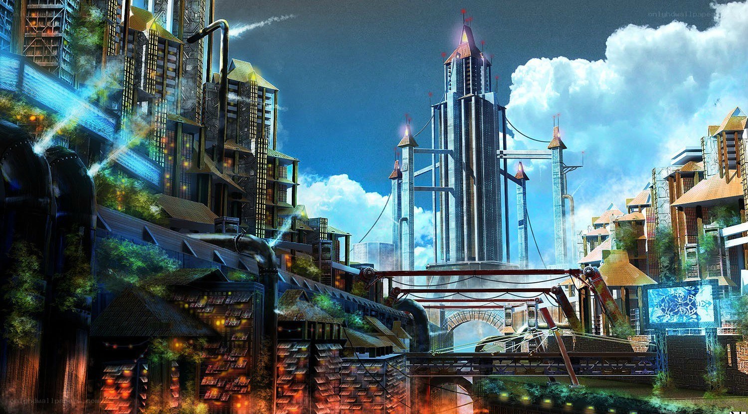 futuristic cityscape with towering skyscrapers