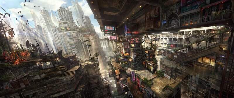 futuristic cityscape with towering skyscrapers