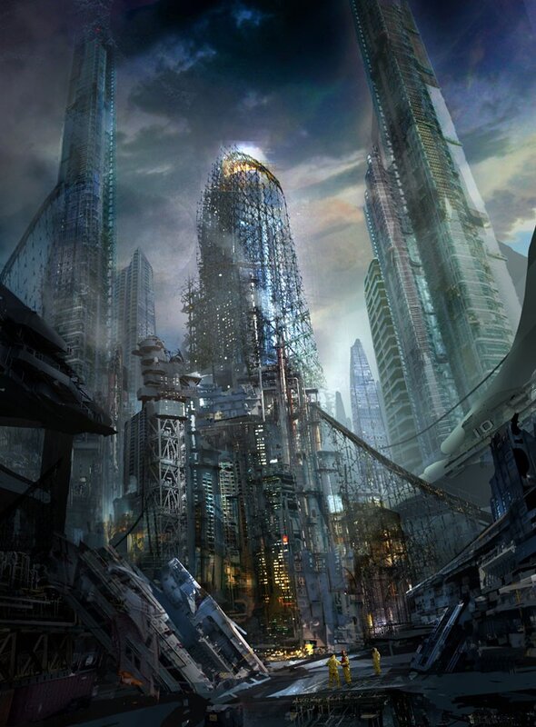 futuristic cityscape with towering skyscrapers