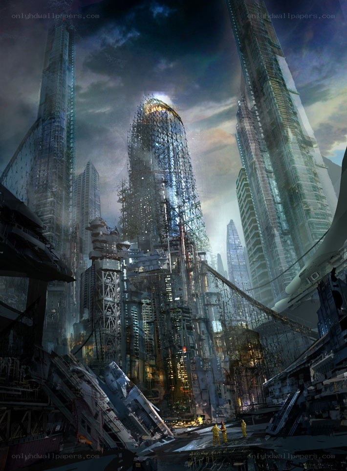 futuristic cityscape with towering skyscrapers