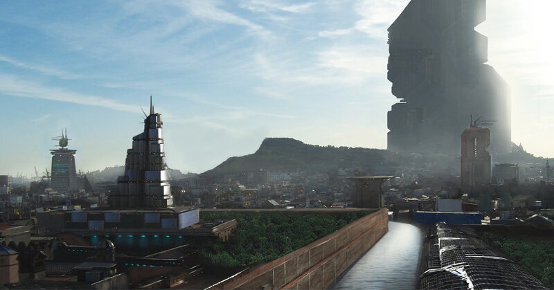 futuristic cityscape with towering structures