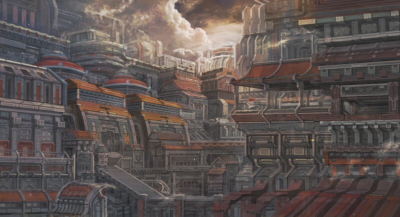 futuristic cityscape with traditional roofs