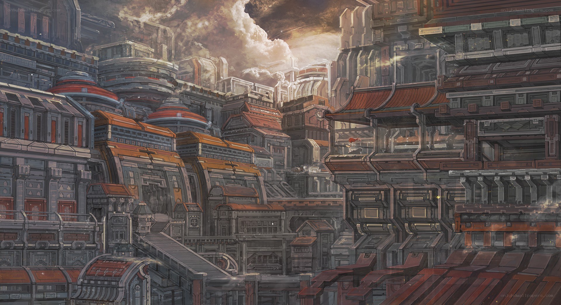 futuristic cityscape with traditional roofs