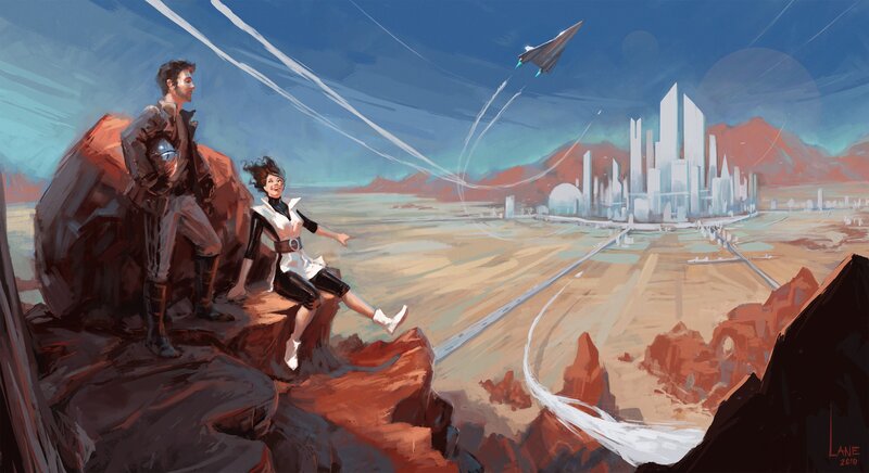 Futuristic cityscape with travelers