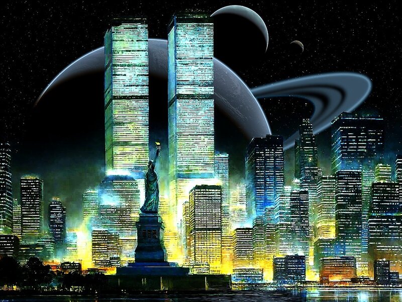 futuristic cityscape with twin towers