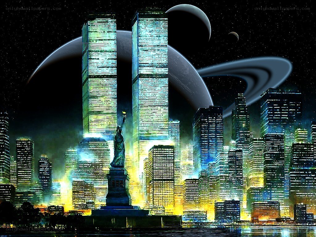 futuristic cityscape with twin towers
