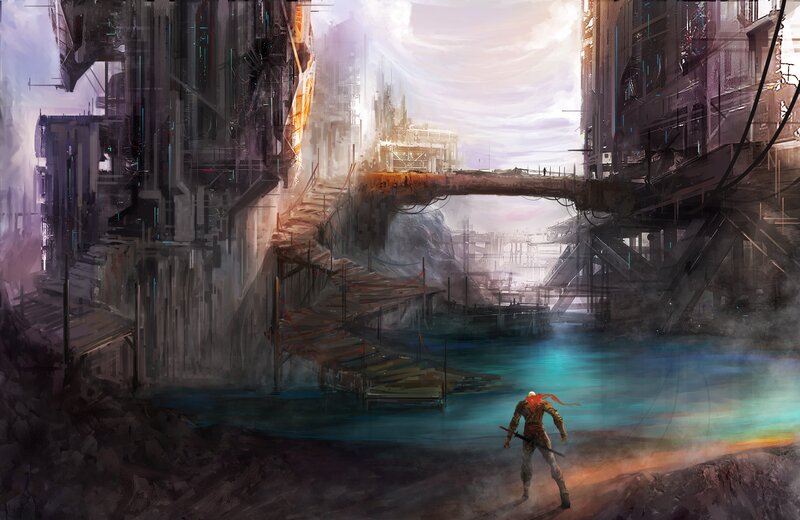 futuristic cityscape with warrior