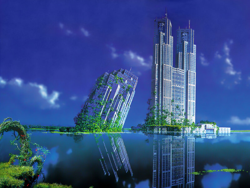 Futuristic cityscape with water reflection