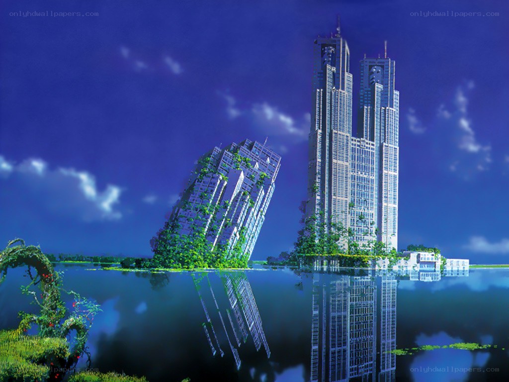 Futuristic cityscape with water reflection