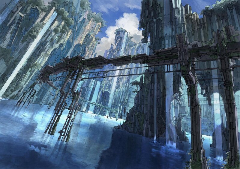 futuristic cityscape with water