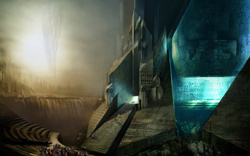 futuristic cityscape with waterfall